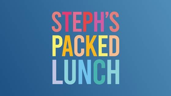 Colorful text reads 'STEPH'S PACKED LUNCH' on a dark blue background.